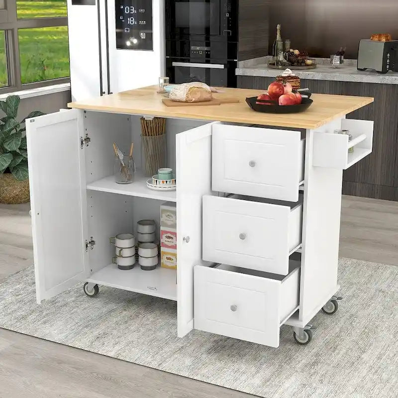 Rolling Kitchen Island with Drop Leaf, 3 Drawers and Solid Wood Top, Multiple Colors