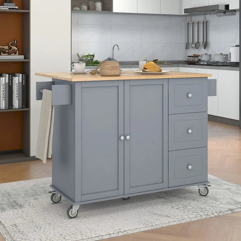 Rolling Kitchen Island with Drop Leaf, 3 Drawers and Solid Wood Top, Multiple Colors