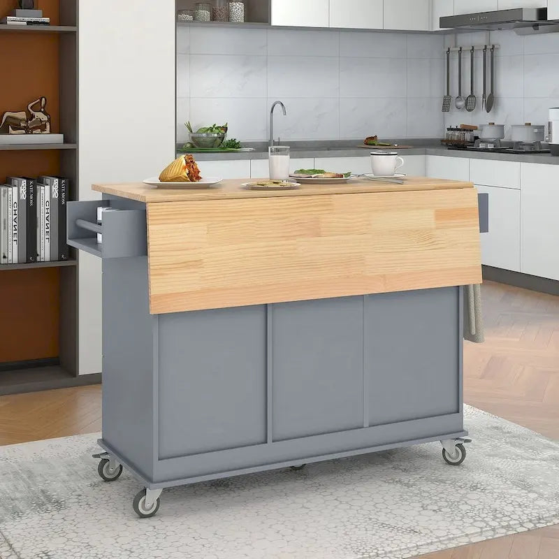 Rolling Kitchen Island with Drop Leaf, 3 Drawers and Solid Wood Top, Multiple Colors