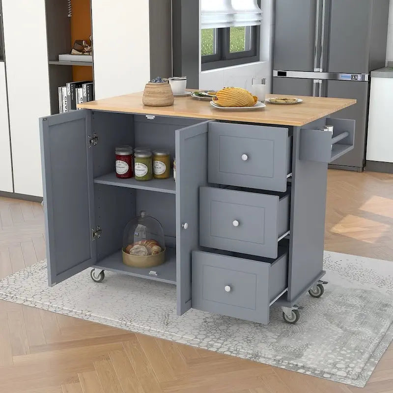 Rolling Kitchen Island with Drop Leaf, 3 Drawers and Solid Wood Top, Multiple Colors