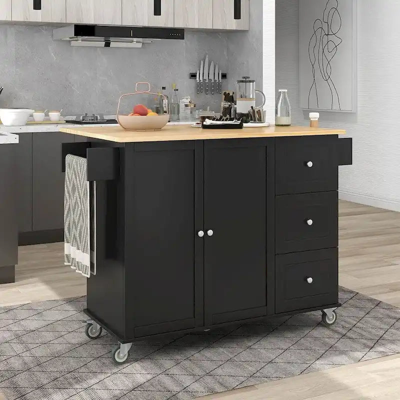 Rolling Kitchen Island with Drop Leaf, 3 Drawers and Solid Wood Top, Multiple Colors