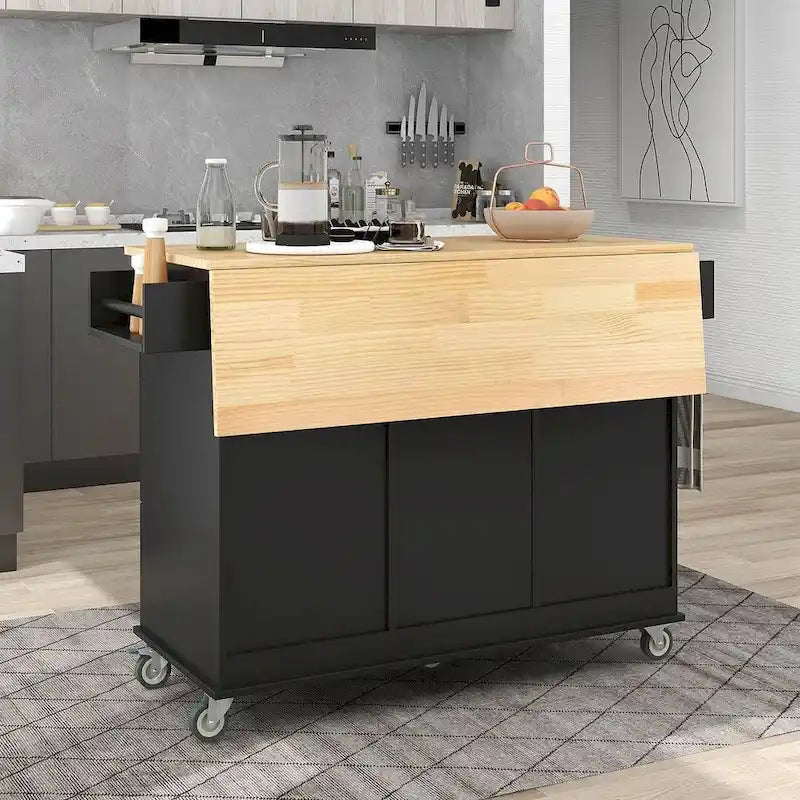 Rolling Kitchen Island with Drop Leaf, 3 Drawers and Solid Wood Top, Multiple Colors