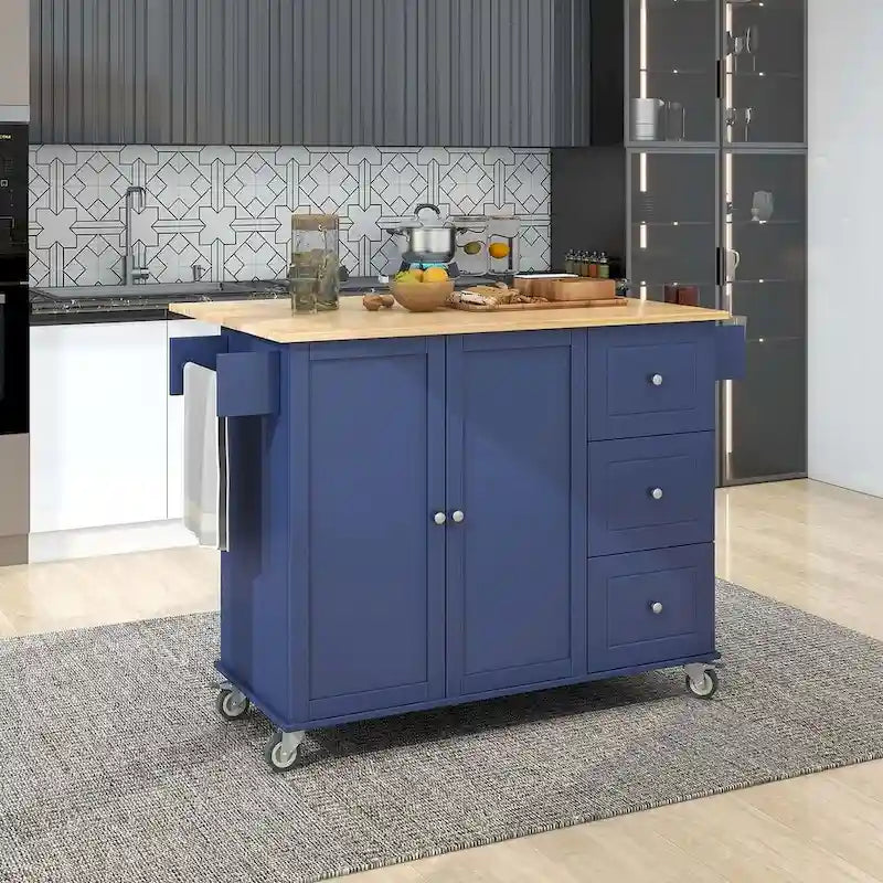 Rolling Kitchen Island with Drop Leaf, 3 Drawers and Solid Wood Top, Multiple Colors