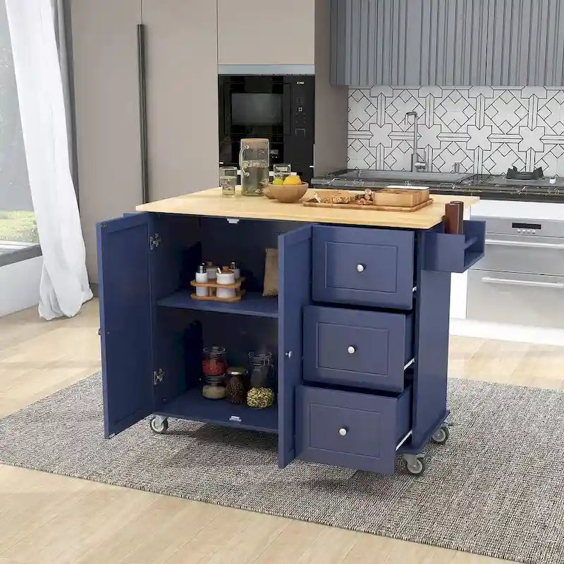 Rolling Kitchen Island with Drop Leaf, 3 Drawers and Solid Wood Top, Multiple Colors