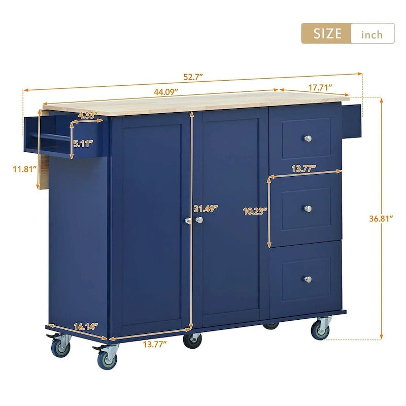 Rolling Kitchen Island with Drop Leaf, 3 Drawers and Solid Wood Top, Multiple Colors