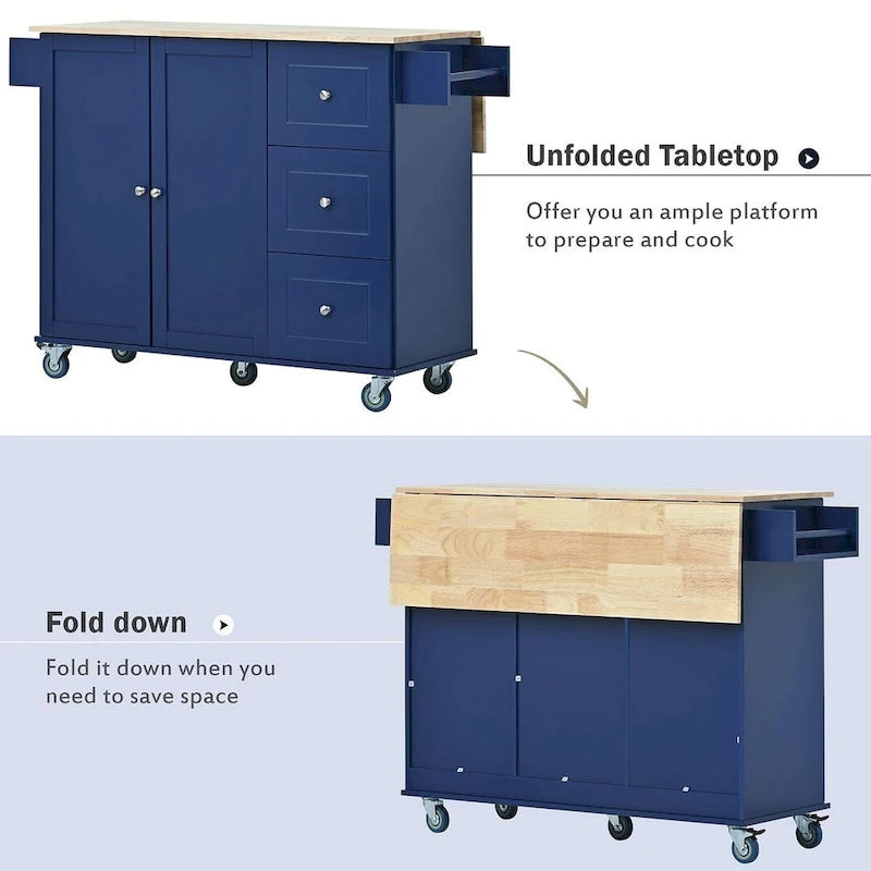 Rolling Kitchen Island with Drop Leaf, 3 Drawers and Solid Wood Top, Multiple Colors