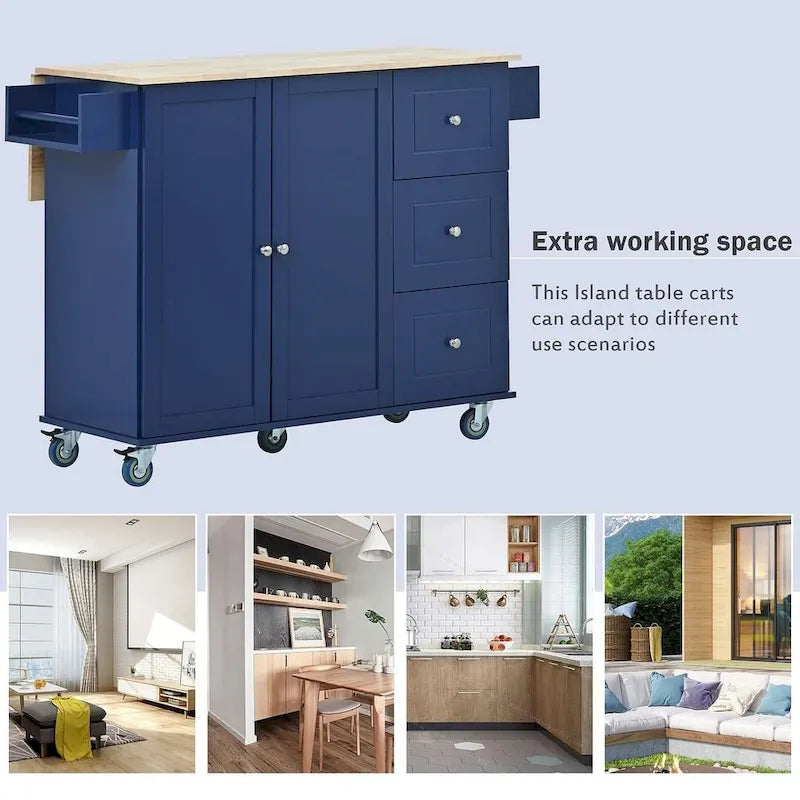 Rolling Kitchen Island with Drop Leaf, 3 Drawers and Solid Wood Top, Multiple Colors