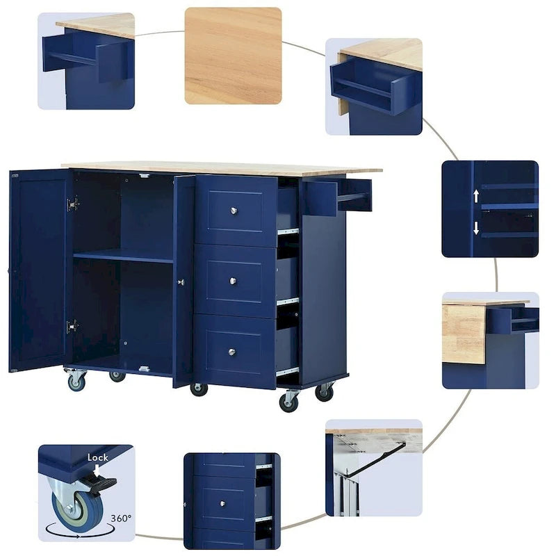 Rolling Kitchen Island with Drop Leaf, 3 Drawers and Solid Wood Top, Multiple Colors