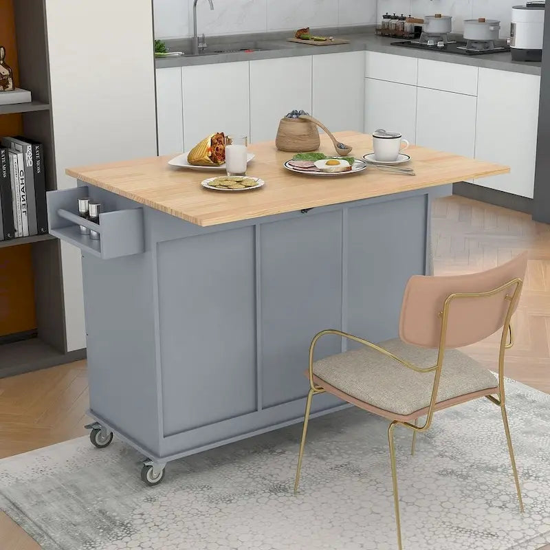 Rolling Kitchen Island with Drop Leaf, 3 Drawers and Solid Wood Top, Multiple Colors