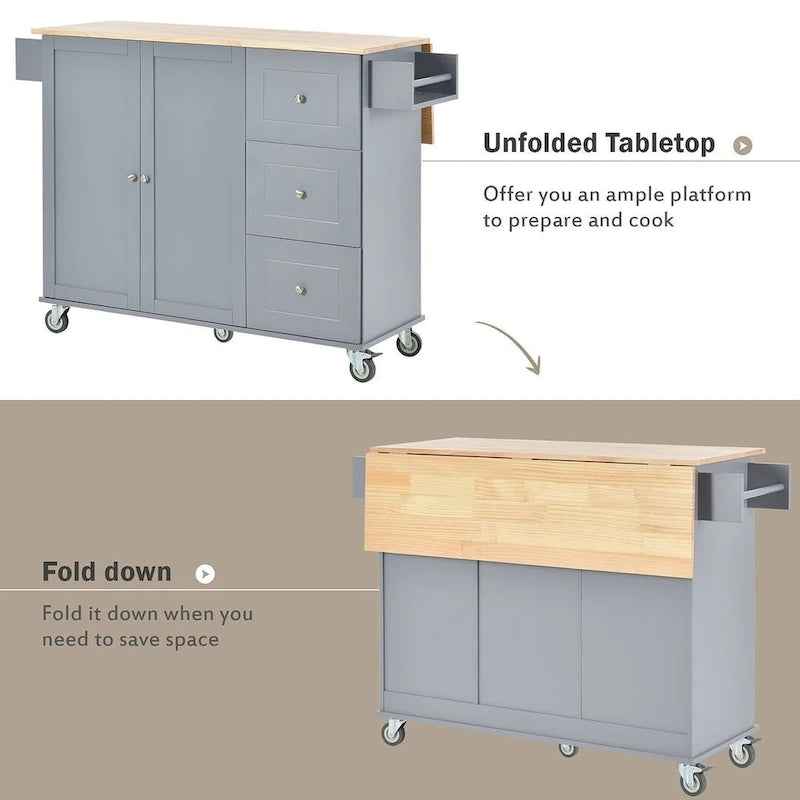 Rolling Kitchen Island with Drop Leaf, 3 Drawers and Solid Wood Top, Multiple Colors