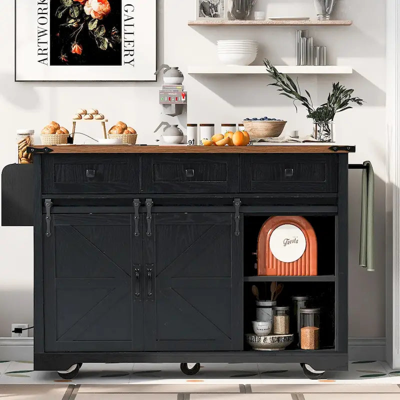 54-Inch Farmhouse Kitchen Island with Sliding Barn Door, Drop Leaf and Power Outlet