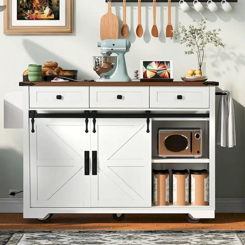 54-Inch Farmhouse Kitchen Island with Sliding Barn Door, Drop Leaf and Power Outlet