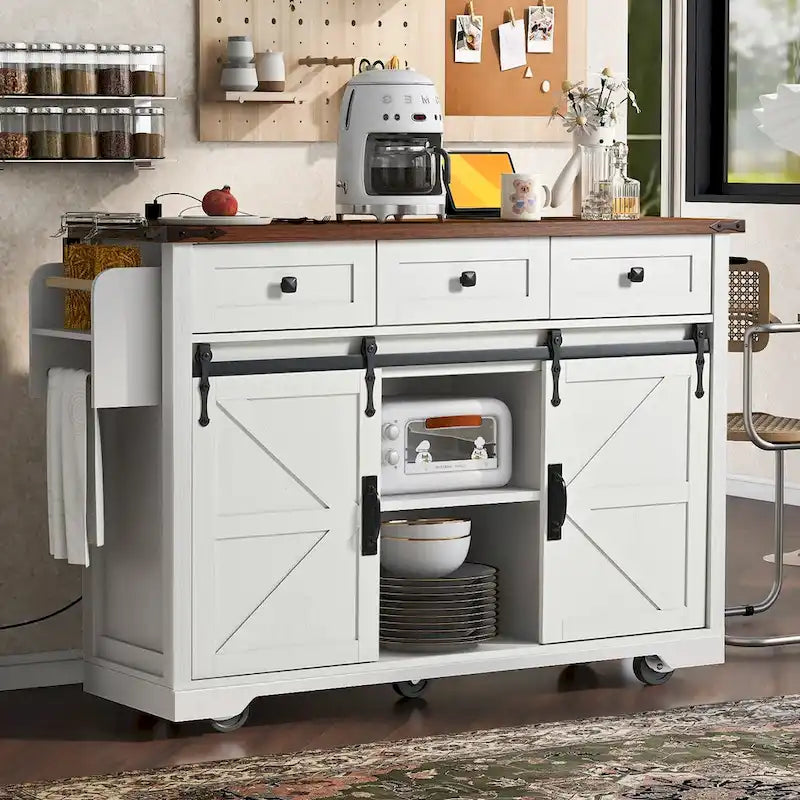 54-Inch Farmhouse Kitchen Island with Sliding Barn Door, Drop Leaf and Power Outlet