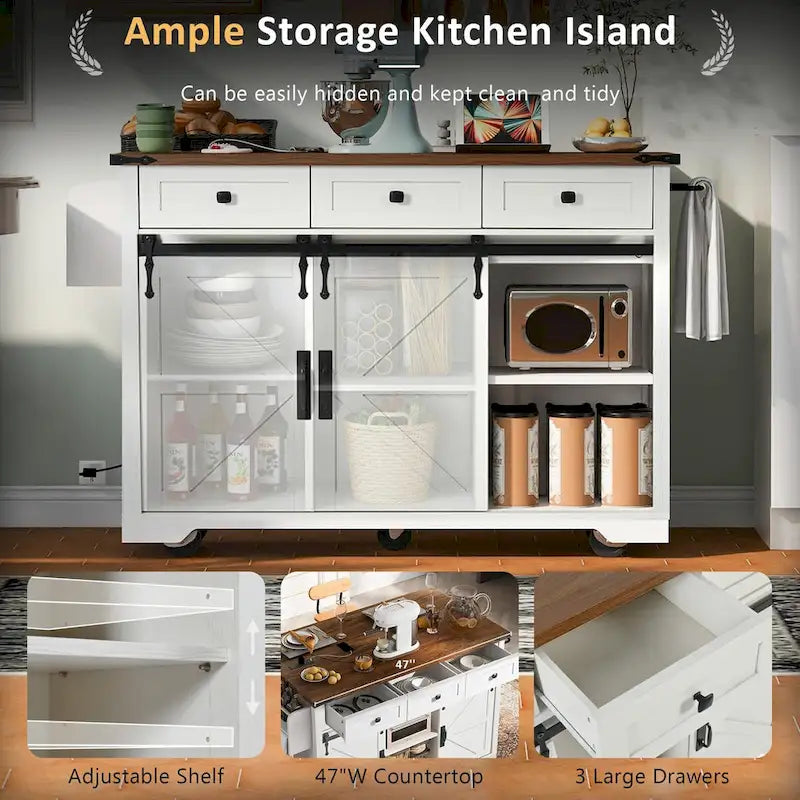 54-Inch Farmhouse Kitchen Island with Sliding Barn Door, Drop Leaf and Power Outlet
