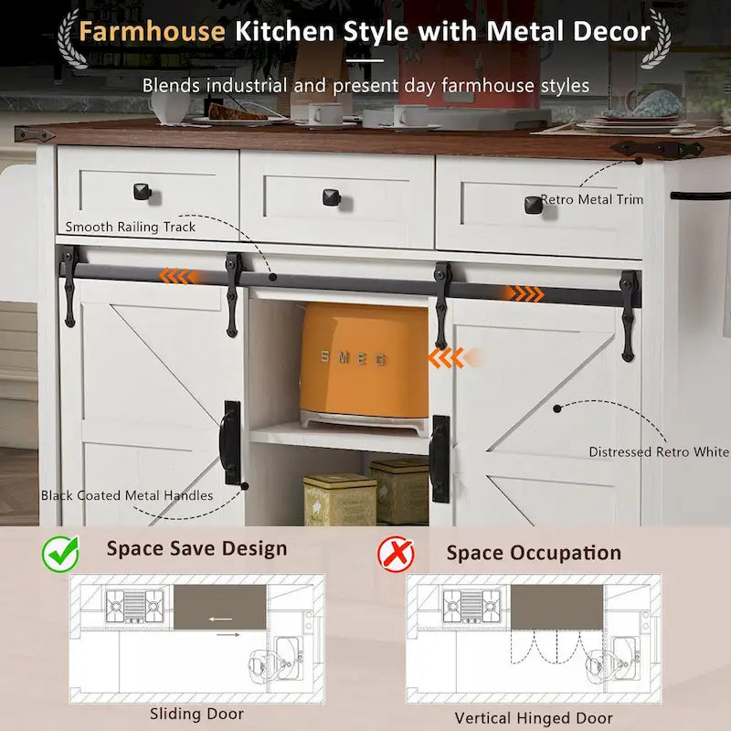 54-Inch Farmhouse Kitchen Island with Sliding Barn Door, Drop Leaf and Power Outlet