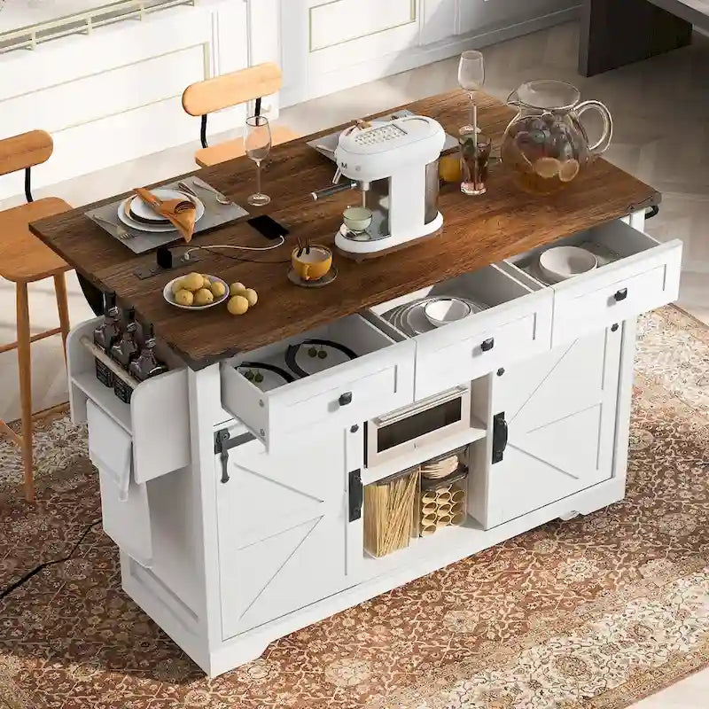 54-Inch Farmhouse Kitchen Island with Sliding Barn Door, Drop Leaf and Power Outlet