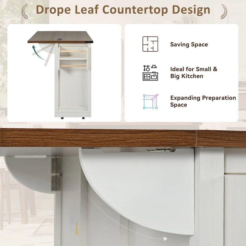 54-Inch Farmhouse Kitchen Island with Sliding Barn Door, Drop Leaf and Power Outlet