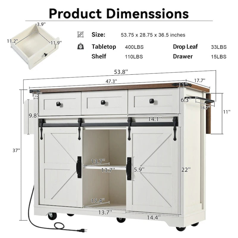 54-Inch Farmhouse Kitchen Island with Sliding Barn Door, Drop Leaf and Power Outlet