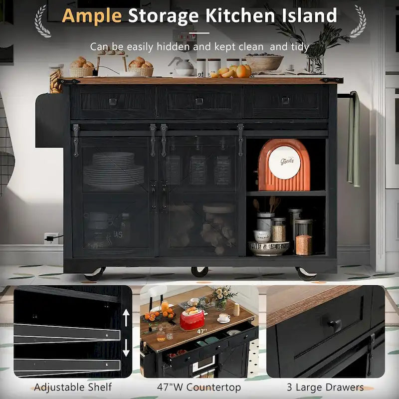 54-Inch Farmhouse Kitchen Island with Sliding Barn Door, Drop Leaf and Power Outlet