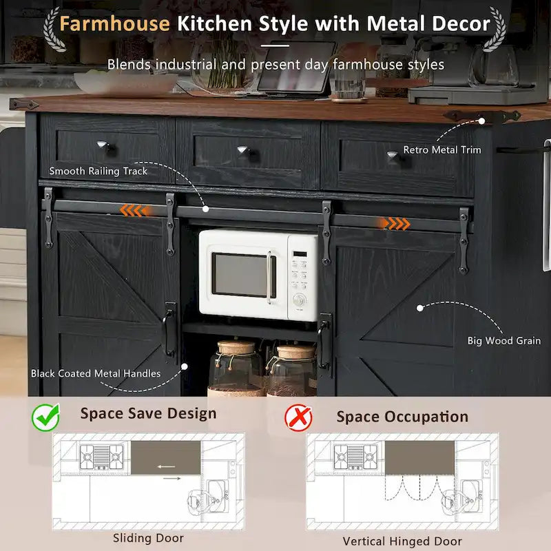 54-Inch Farmhouse Kitchen Island with Sliding Barn Door, Drop Leaf and Power Outlet