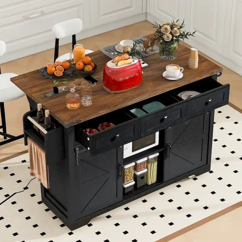 54-Inch Farmhouse Kitchen Island with Sliding Barn Door, Drop Leaf and Power Outlet
