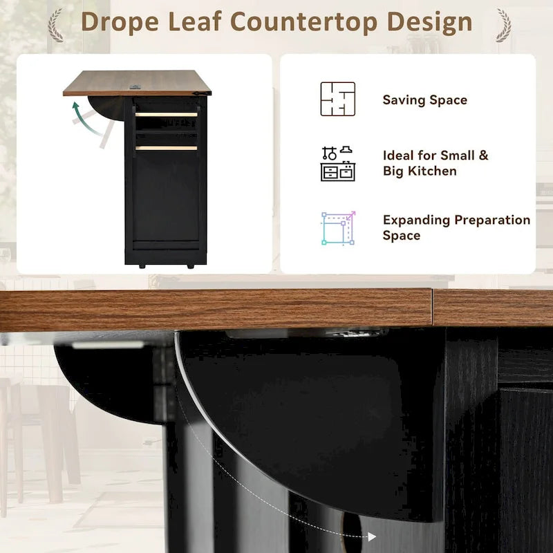 54-Inch Farmhouse Kitchen Island with Sliding Barn Door, Drop Leaf and Power Outlet
