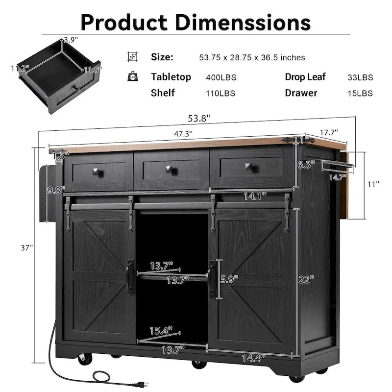 54-Inch Farmhouse Kitchen Island with Sliding Barn Door, Drop Leaf and Power Outlet
