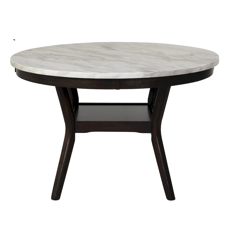 47-Inch Round Dining Table with Faux Marble Top and Boomerang Wood Legs, White and Brown