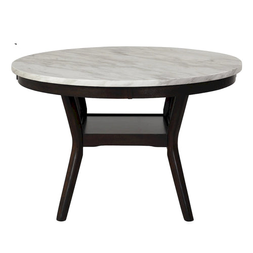 47-Inch Round Dining Table with Faux Marble Top and Boomerang Wood Legs, White and Brown