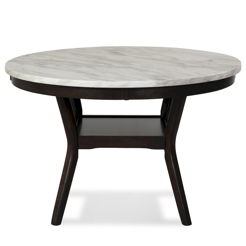 47-Inch Round Dining Table with Faux Marble Top and Boomerang Wood Legs, White and Brown
