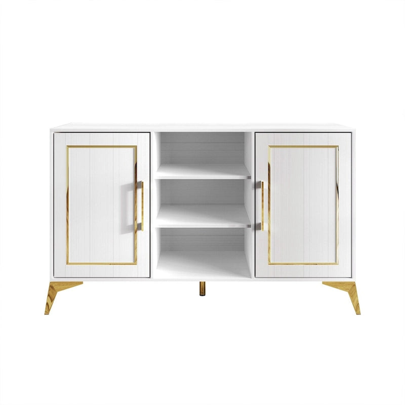 Sideboard Cabinet with Gold Accents, 3 Open Shelves and 2 Side Cabinets