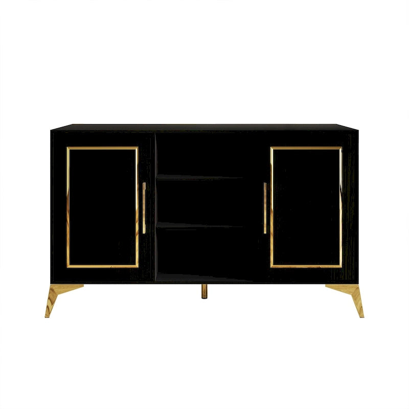 Sideboard Cabinet with Gold Accents, 3 Open Shelves and 2 Side Cabinets