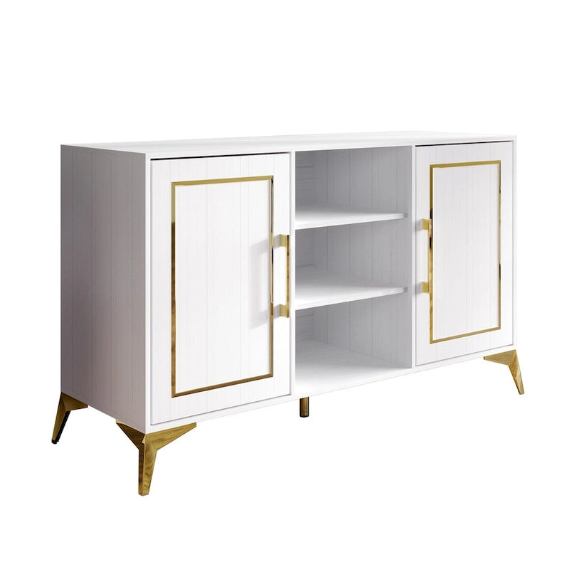 Sideboard Cabinet with Gold Accents, 3 Open Shelves and 2 Side Cabinets