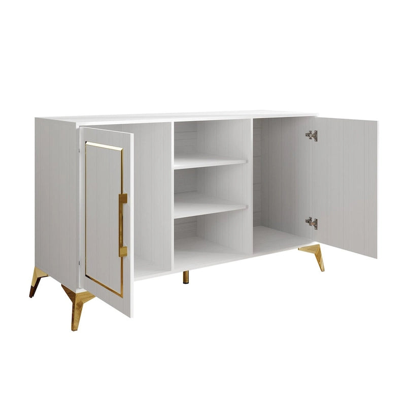 Sideboard Cabinet with Gold Accents, 3 Open Shelves and 2 Side Cabinets
