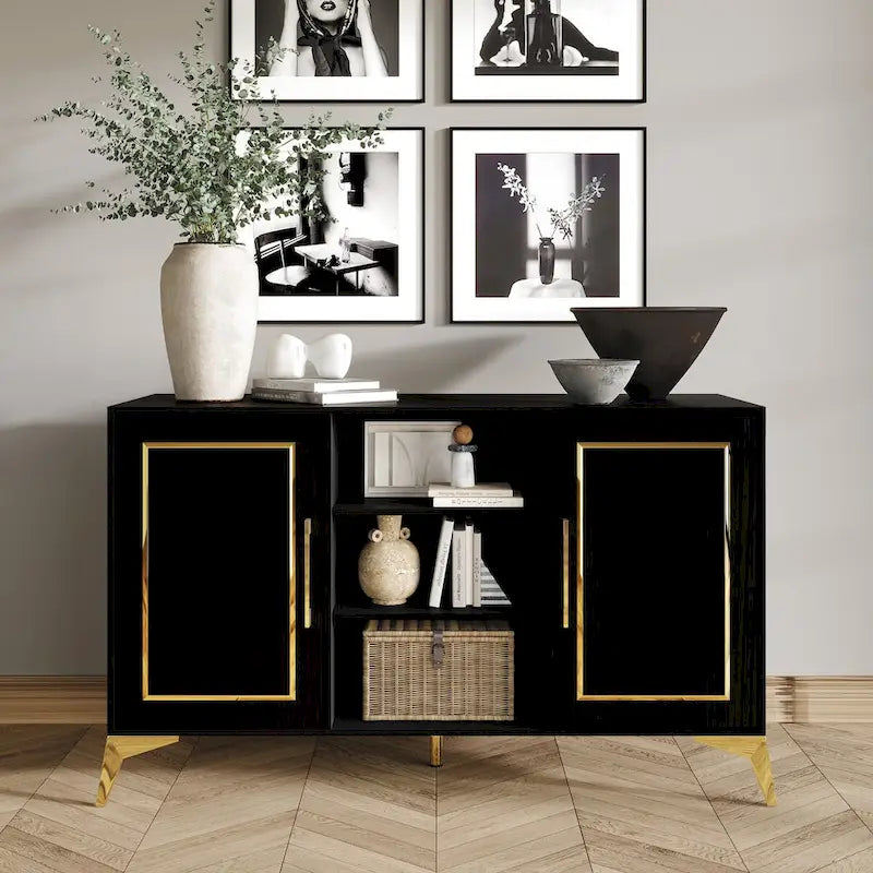 Sideboard Cabinet with Gold Accents, 3 Open Shelves and 2 Side Cabinets