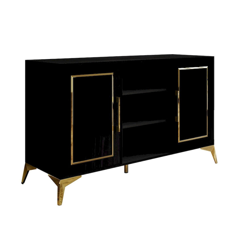 Sideboard Cabinet with Gold Accents, 3 Open Shelves and 2 Side Cabinets