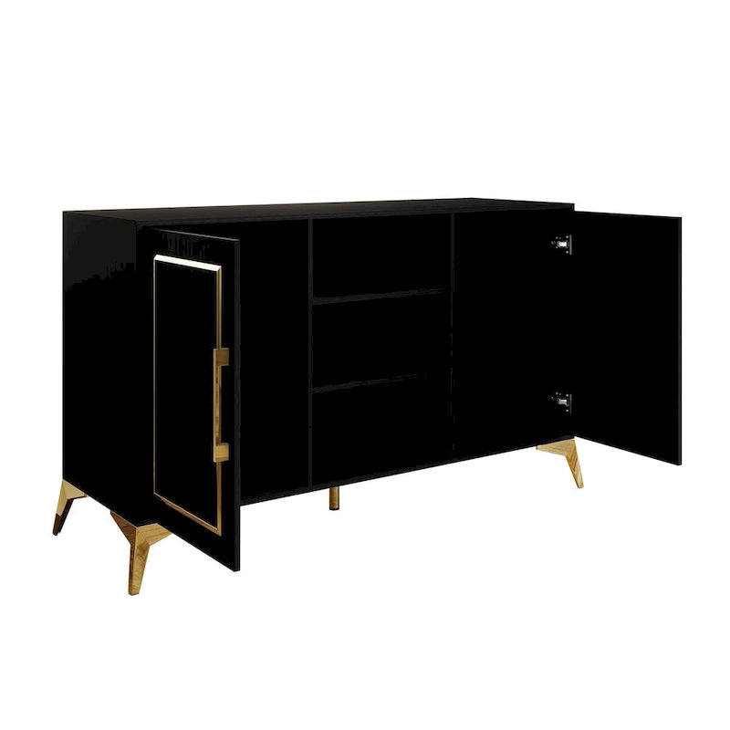 Sideboard Cabinet with Gold Accents, 3 Open Shelves and 2 Side Cabinets