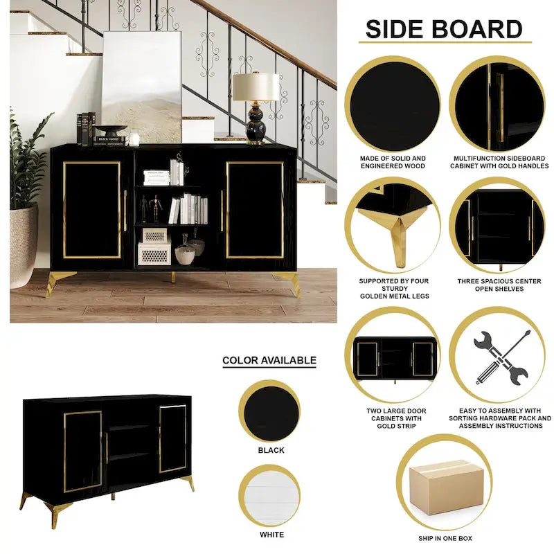 Sideboard Cabinet with Gold Accents, 3 Open Shelves and 2 Side Cabinets