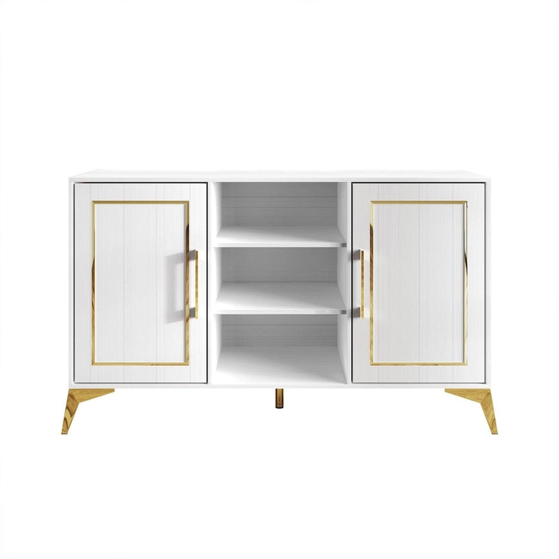 Sideboard Cabinet with Gold Accents, 3 Open Shelves and 2 Side Cabinets