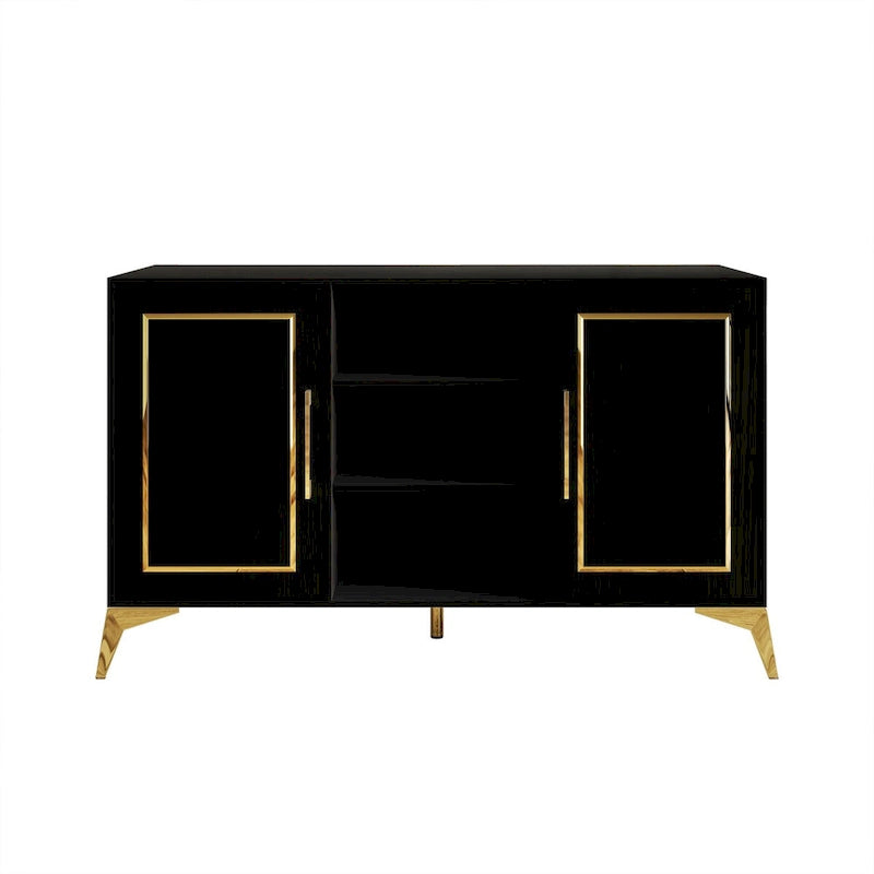 Sideboard Cabinet with Gold Accents, 3 Open Shelves and 2 Side Cabinets