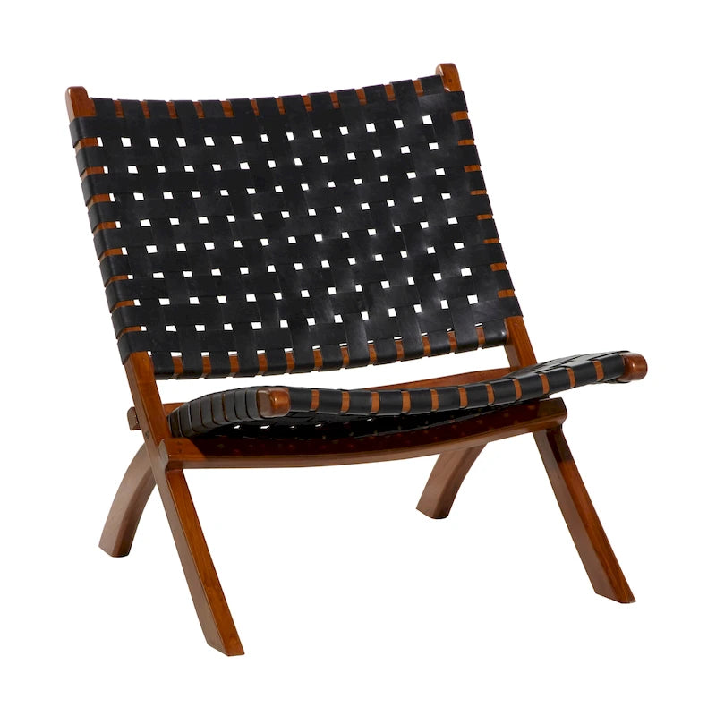 Natural Leather Woven Folding Chair with Solid Wood Frame, Black or Brown