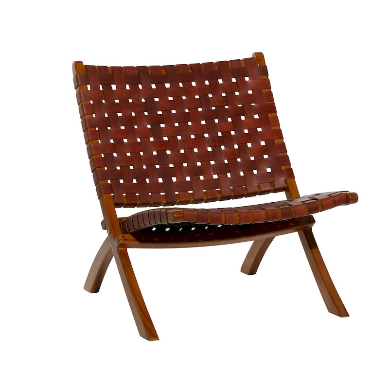 Natural Leather Woven Folding Chair with Solid Wood Frame, Black or Brown