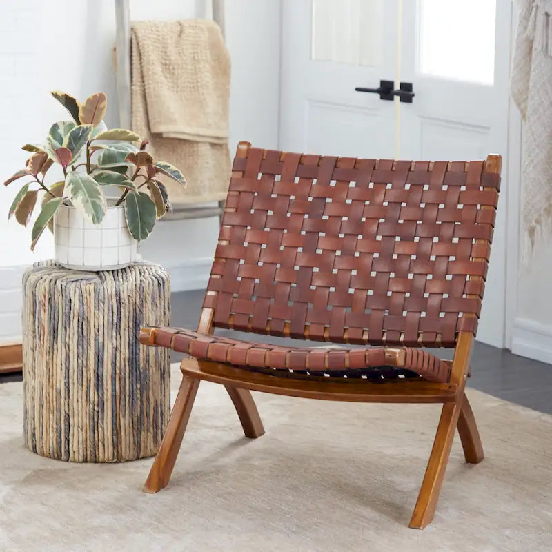Natural Leather Woven Folding Chair with Solid Wood Frame, Black or Brown