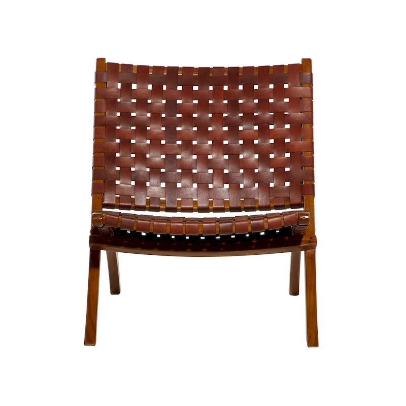 Natural Leather Woven Folding Chair with Solid Wood Frame, Black or Brown