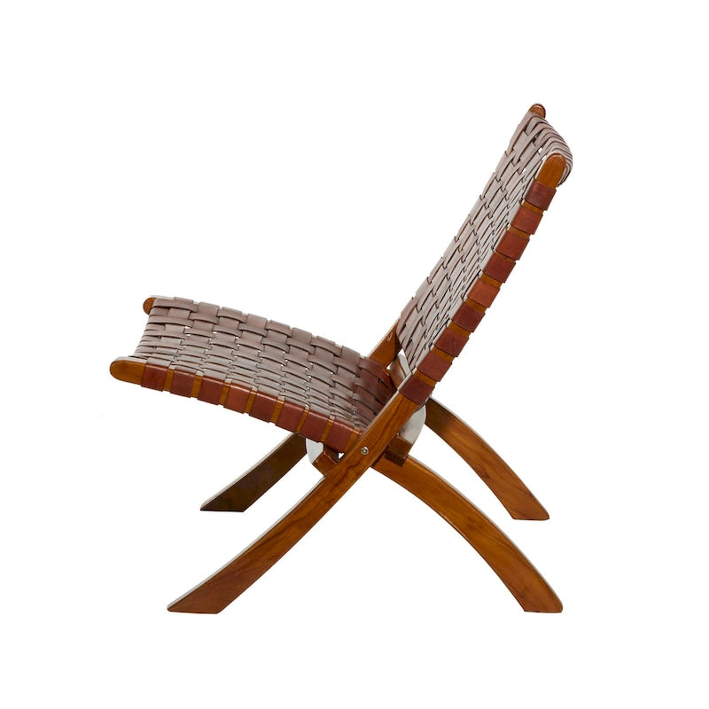 Natural Leather Woven Folding Chair with Solid Wood Frame, Black or Brown