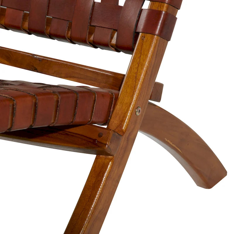 Natural Leather Woven Folding Chair with Solid Wood Frame, Black or Brown