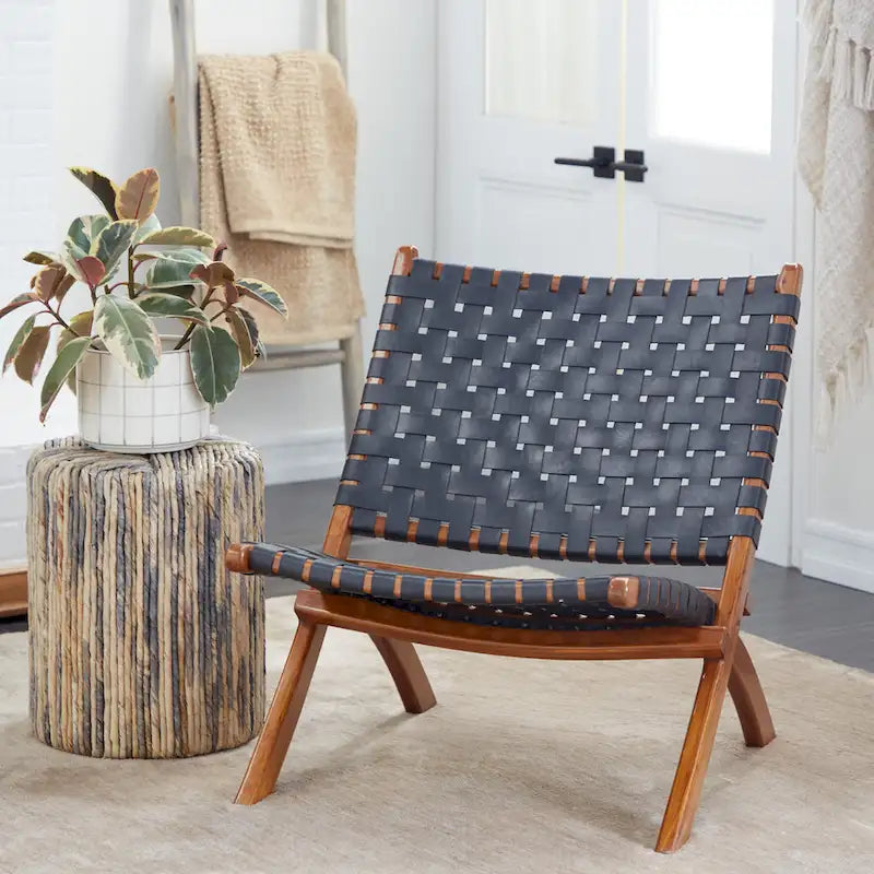 Natural Leather Woven Folding Chair with Solid Wood Frame, Black or Brown