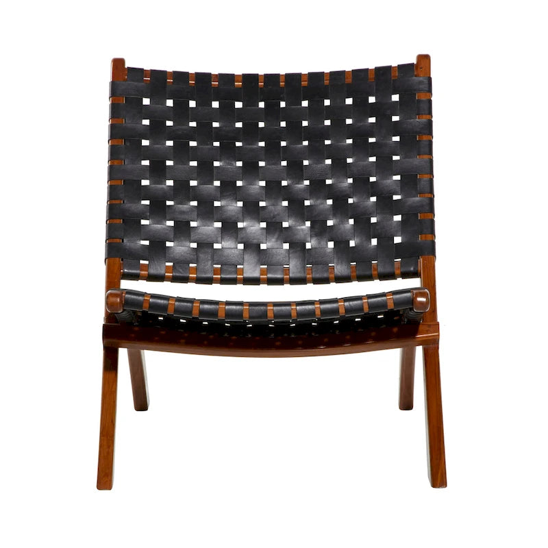 Natural Leather Woven Folding Chair with Solid Wood Frame, Black or Brown