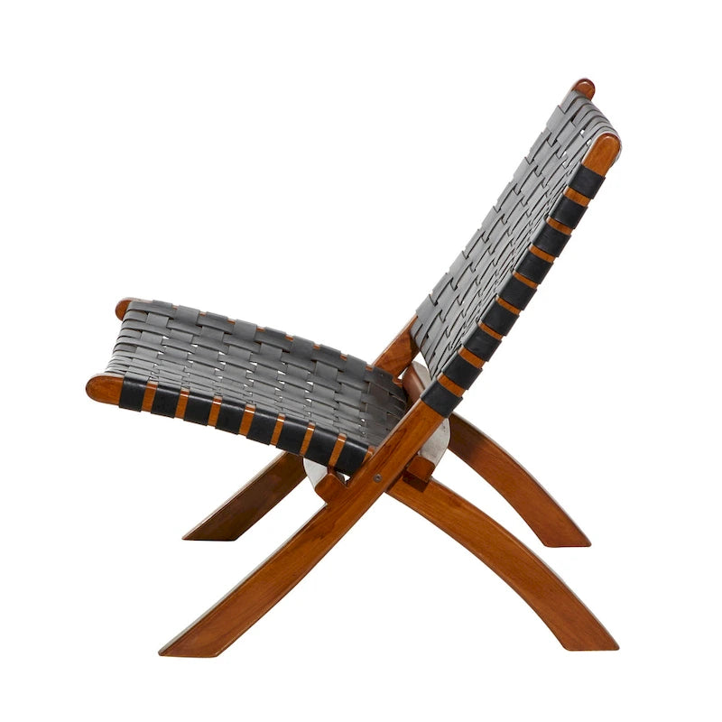 Natural Leather Woven Folding Chair with Solid Wood Frame, Black or Brown