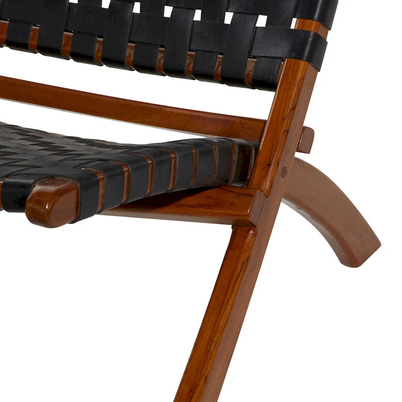 Natural Leather Woven Folding Chair with Solid Wood Frame, Black or Brown